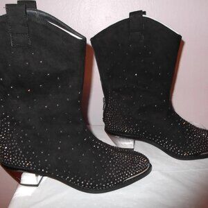 Black Suede Cowboy Boots Size 6 Studded Rhinestone Western Silver Heel